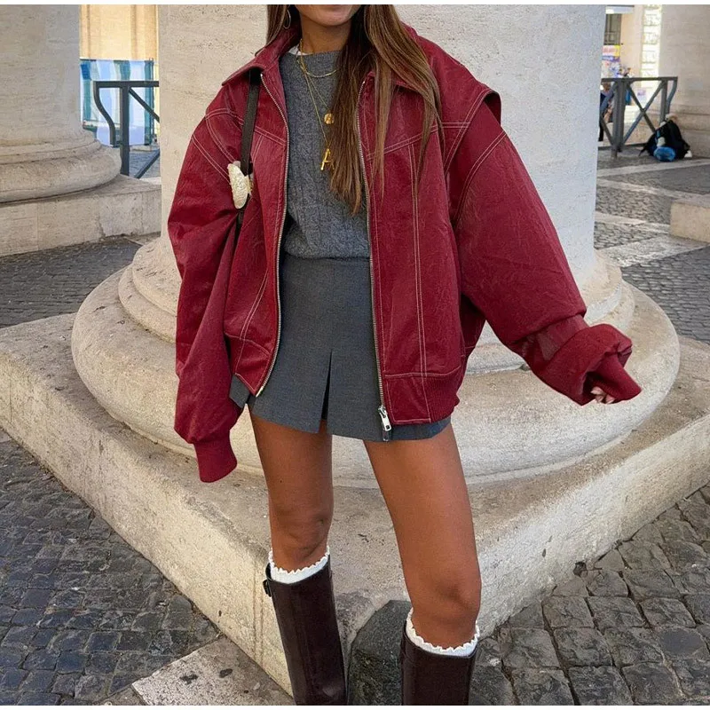 Женская свободная куртка с длинными рукавами в уличном стиле, пальто с настоящим выстрелом на молнии на лацкане, модная верхняя одежда для Европы и США 
Женская свободная куртка с длинными рукавами в уличном стиле, пальто с настоящим выстрелом на молнии на лацкане, модная верхняя одежда для Европы и США