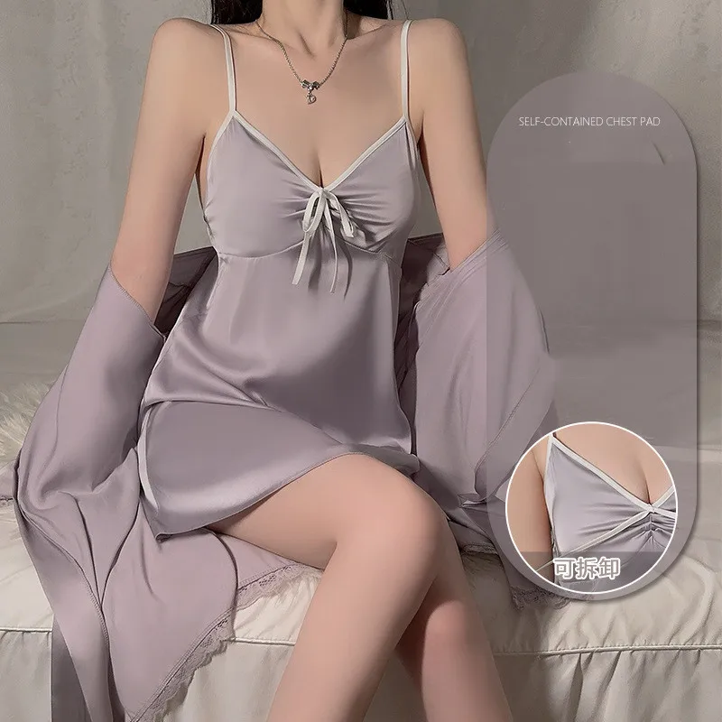 Ice Silk Satin Twinset Robe Set Summer Female Sleepwear Loungewear Sexy Suspender Nightgown Homewear
Ice Silk Satin Twinset Robe Set Summer Female Sleepwear Loungewear Sexy Suspender Nightgown Homewear