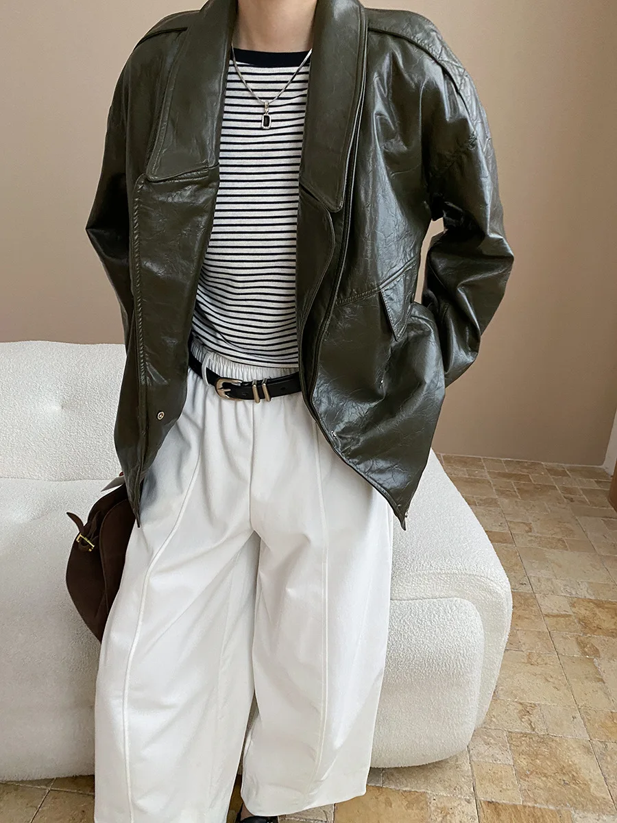 Б/у дизайн двухслойного воротника из искусственной кожи, свободная кожаная куртка 
Б/у дизайн двухслойного воротника из искусственной кожи, свободная кожаная куртка