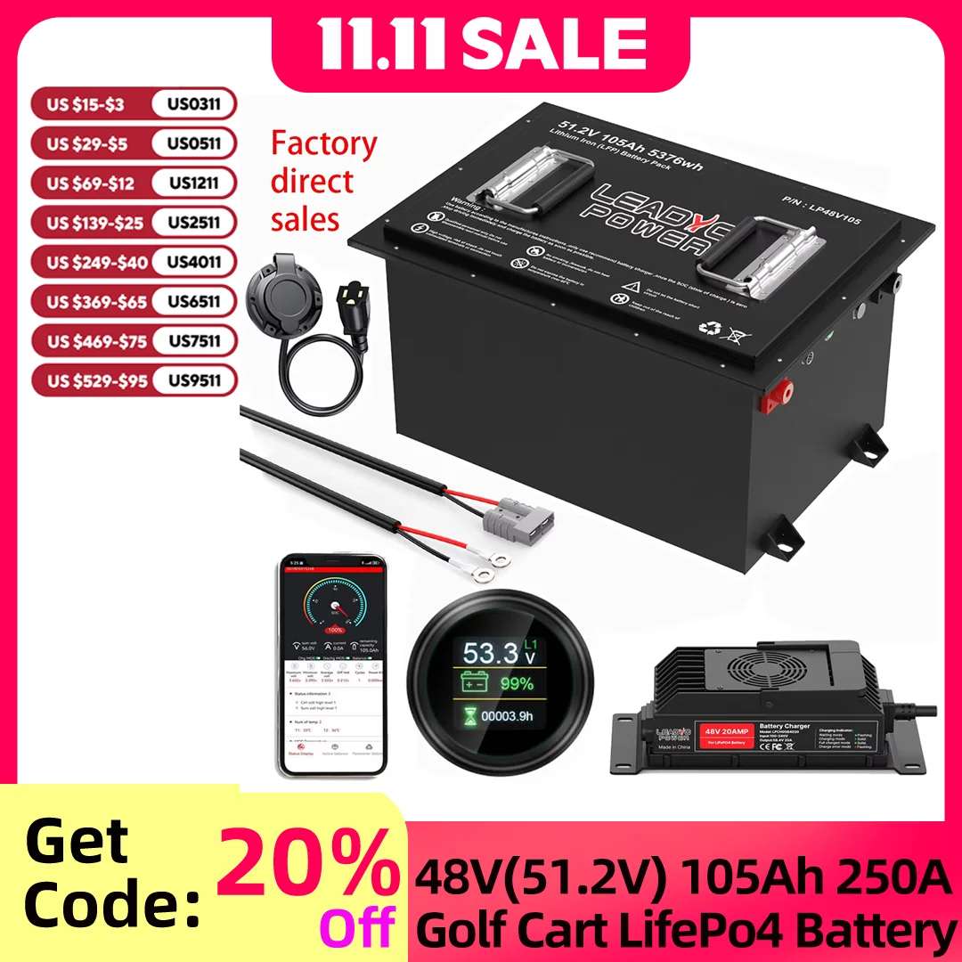 48V105Ah Литиевая батарея для тележки для гольфа LiFePO4 250A Bms 15000 + цилиндры, срок службы 10 лет, ЖК-дисплей, Bluetooth-монитор, зарядное устройство 20A
48V105Ah Литиевая батарея для тележки для гольфа LiFePO4 250A Bms 15000 + цилиндры, срок службы 10 лет, ЖК-дисплей, Bluetooth-монитор, зарядное устройство 20A