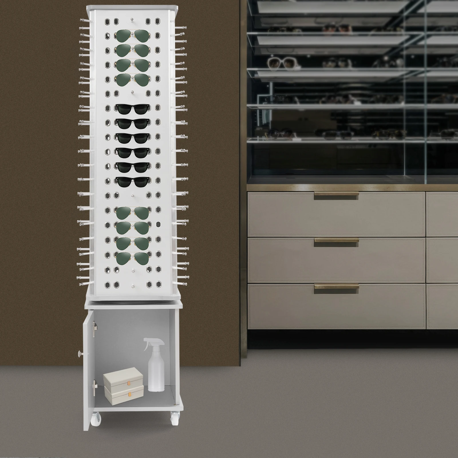 152 Pairs Glasses Rack, 360° Rotating Sunglasses Display Stand, 4-Sided Eyeglass Storage Organizer with Storage Cabinet & Wheels
152 Pairs Glasses Rack, 360° Rotating Sunglasses Display Stand, 4-Sided Eyeglass Storage Organizer with Storage Cabinet & Wheels