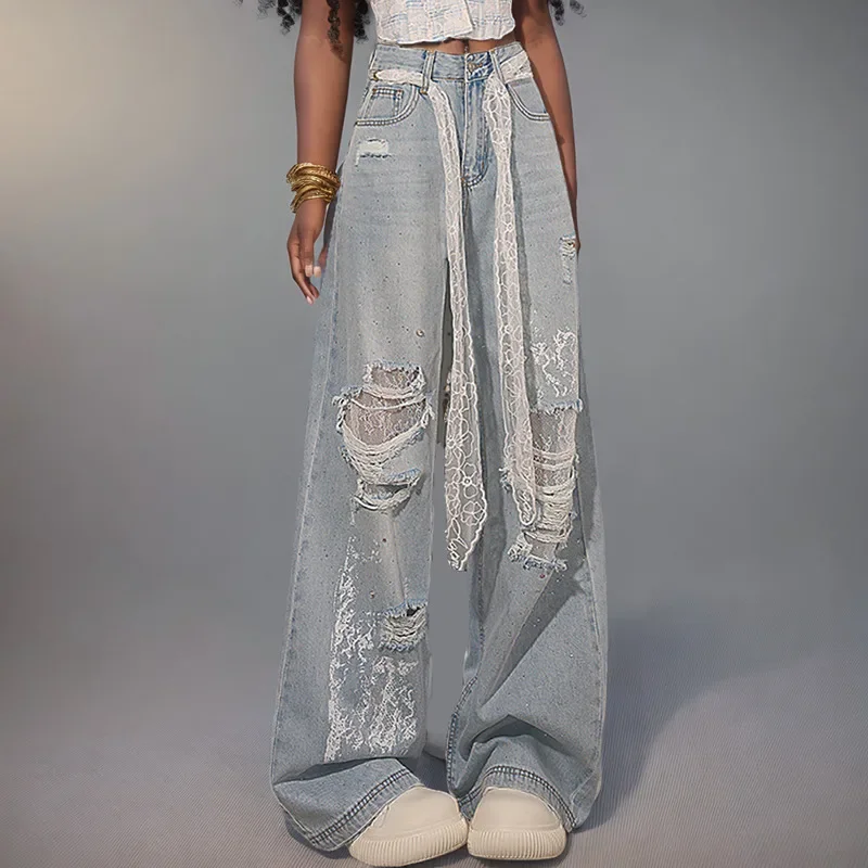 Fashion Trendy Women's Lace Hole Straight Jeans Summer New High Waist Wide Leg Loose Denim Pants Female
Fashion Trendy Women's Lace Hole Straight Jeans Summer New High Waist Wide Leg Loose Denim Pants Female