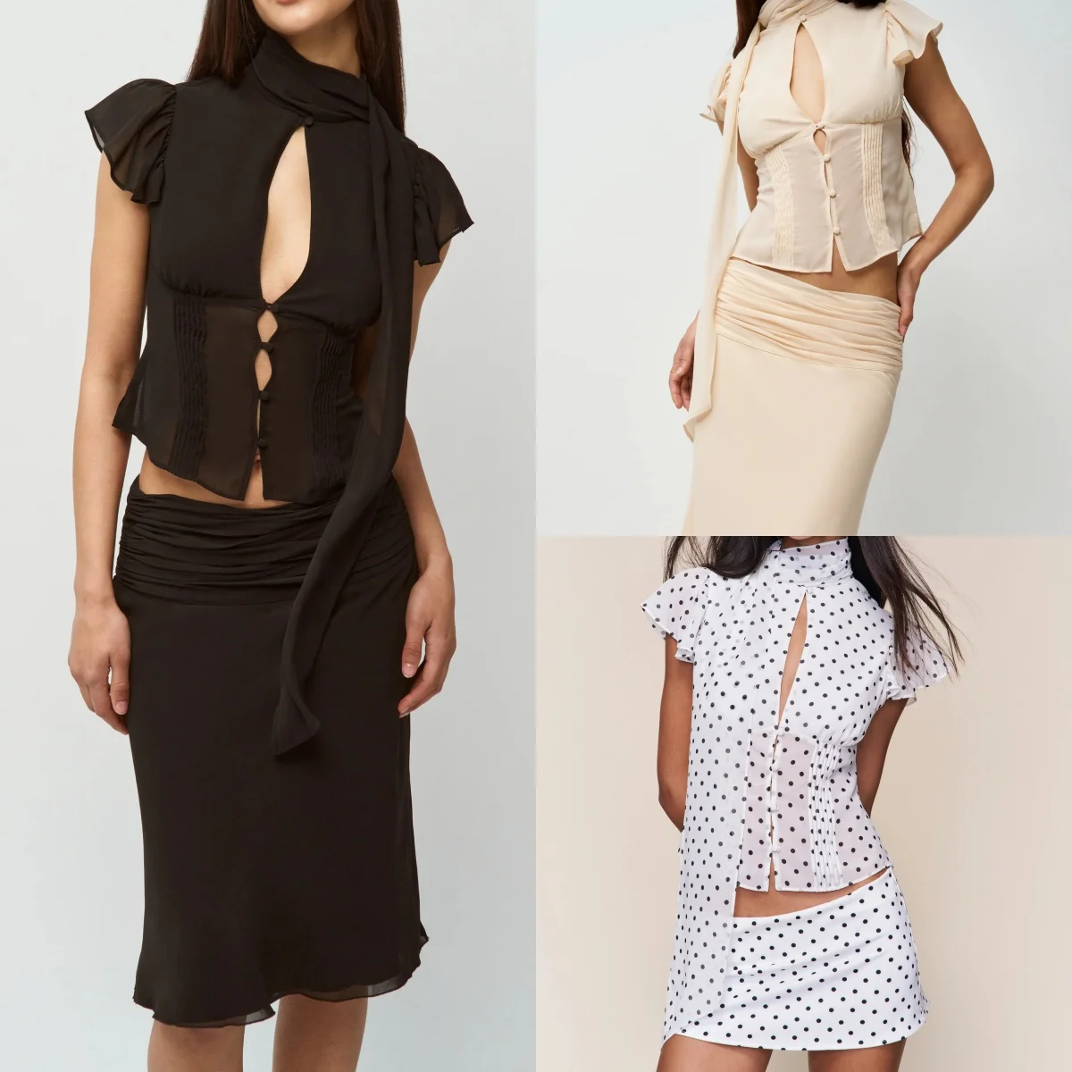Guz French-Style Chiffon Shirt with Ribbon Stand Collar, Hollow-Out Front Placket, Buttoned Waist-Cinching Short Top with Small Flutter Sleeves, Slightly Sheer Pleated Slim-Fit Sexy Short Top, Chiffon Shirt
Guz French-Style Chiffon Shirt with Ribbon Stand Collar, Hollow-Out Front Placket, Buttoned Waist-Cinching Short Top with Small Flutter Sleeves, Slightly Sheer Pleated Slim-Fit Sexy Short Top, Chiffon Shirt