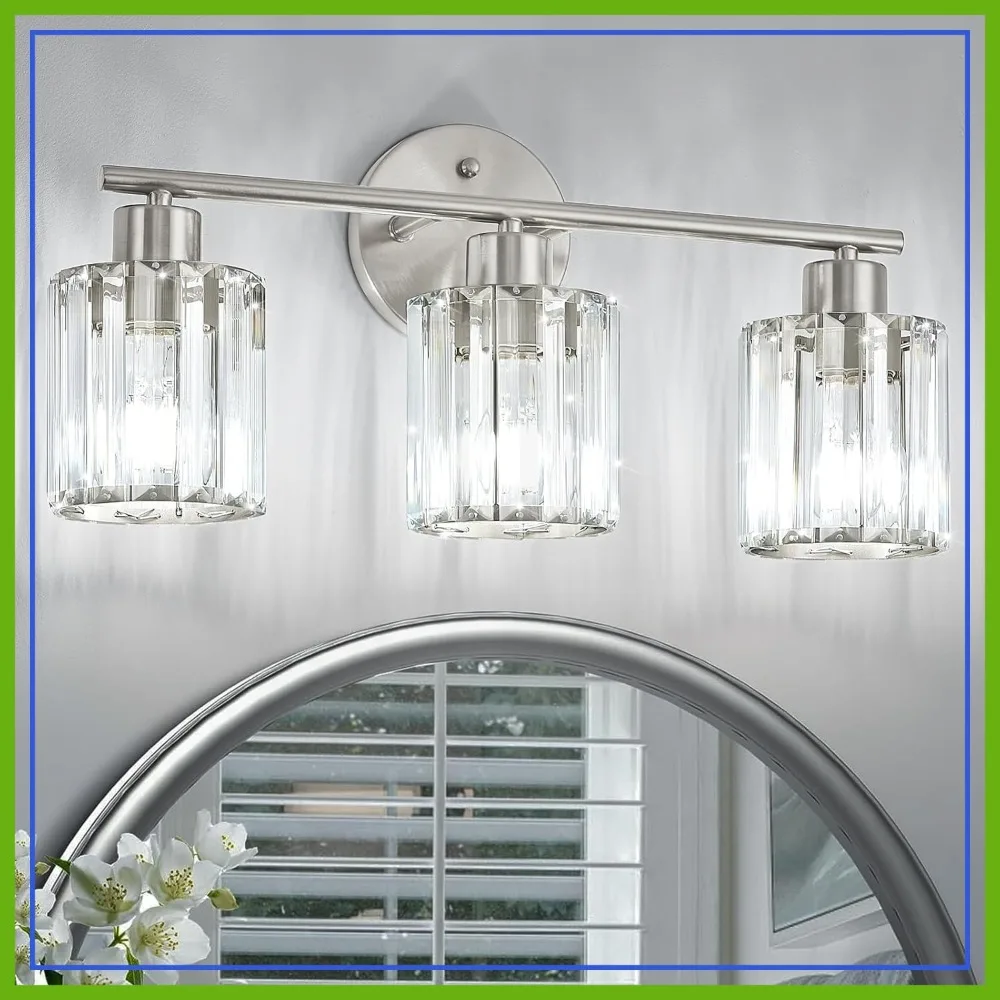 Modern 3-Light Brushed Nickel Vanity Lights, Crystal Bathroom Fixtures Over Mirror, Ceramic E26 Socket for Restroom Kitchen
Modern 3-Light Brushed Nickel Vanity Lights, Crystal Bathroom Fixtures Over Mirror, Ceramic E26 Socket for Restroom Kitchen
