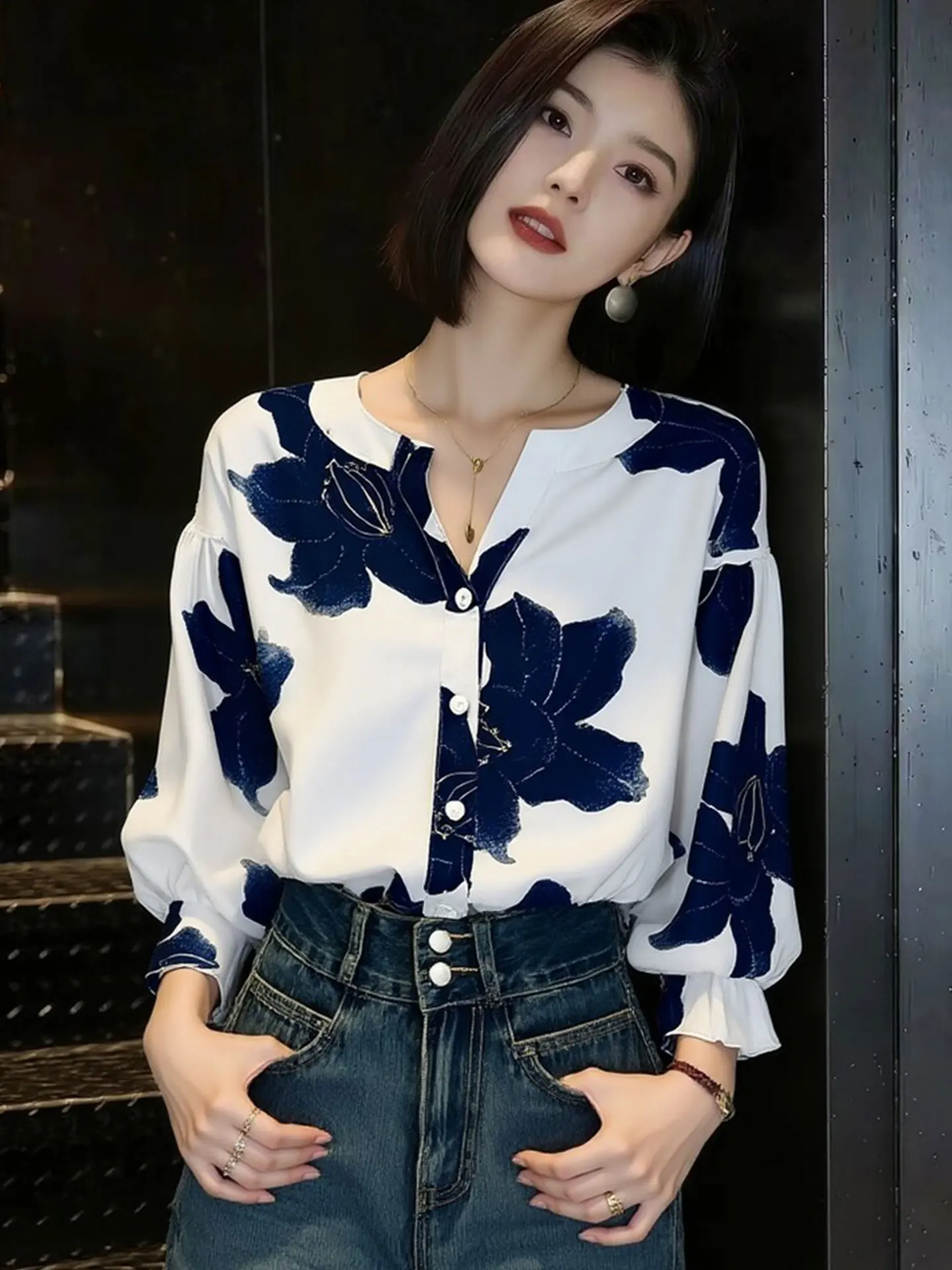 Korean Design Floral Print Single Button Loose Women's irt Spring Faion ular Top Silk Material Straight Tube Sle
Korean Design Floral Print Single Button Loose Women's irt Spring Faion ular Top Silk Material Straight Tube Sle