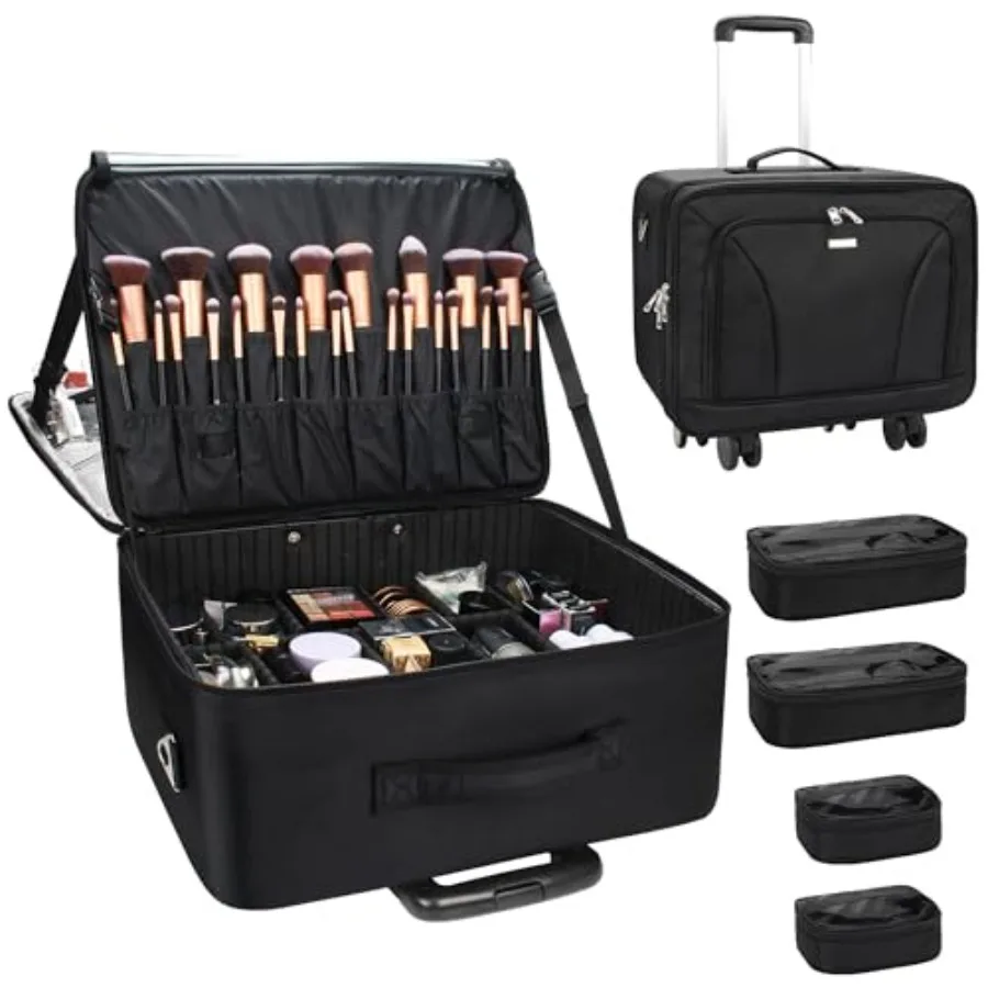 Rolling Makeup Case, Travel Train Case with 360° Spinner Wheels, 3 Layer with Insulation Compartment and Four Clear Storage Bag
Rolling Makeup Case, Travel Train Case with 360° Spinner Wheels, 3 Layer with Insulation Compartment and Four Clear Storage Bag