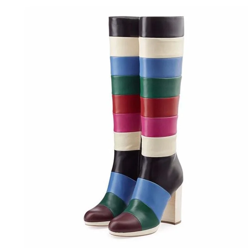 Multi Colors Striped Patchwork Chunky Boots Round Toe Matte Leather Zipper Block Heels Winter Long Boots Big Size 45
Multi Colors Striped Patchwork Chunky Boots Round Toe Matte Leather Zipper Block Heels Winter Long Boots Big Size 45