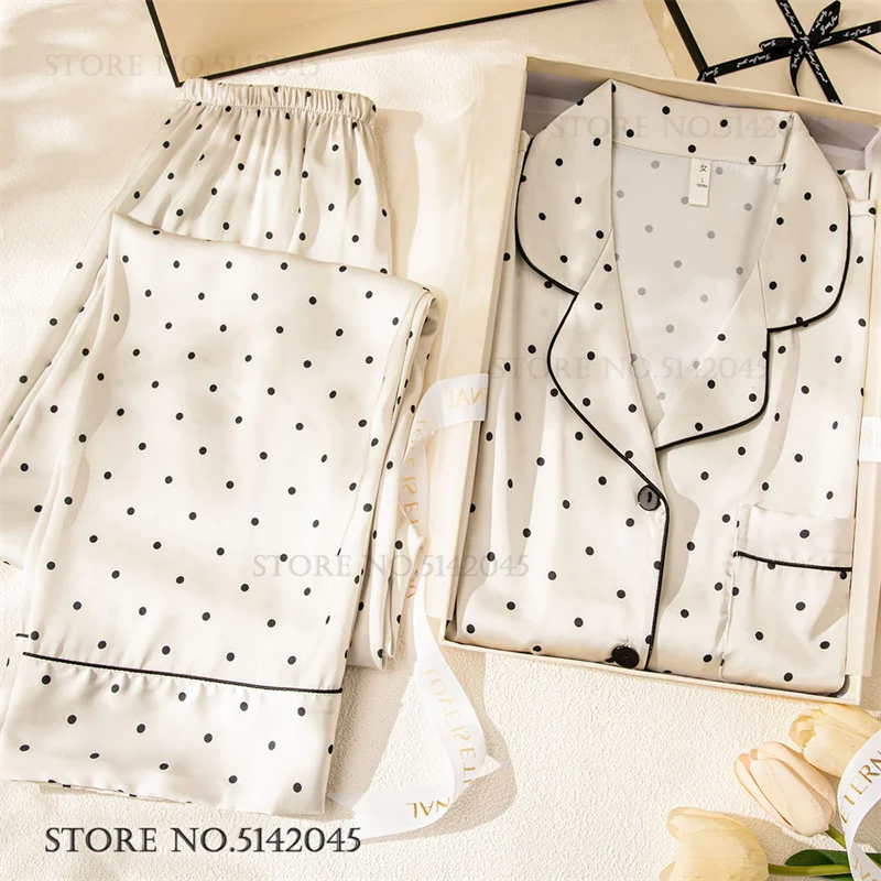 Print Dot Womens Pajamas Set Spring Autumn Long Sleeve Trouser Matching Sets Homewear Loose Silk Satin Pijamas Suit Loungewear
Print Dot Womens Pajamas Set Spring Autumn Long Sleeve Trouser Matching Sets Homewear Loose Silk Satin Pijamas Suit Loungewear