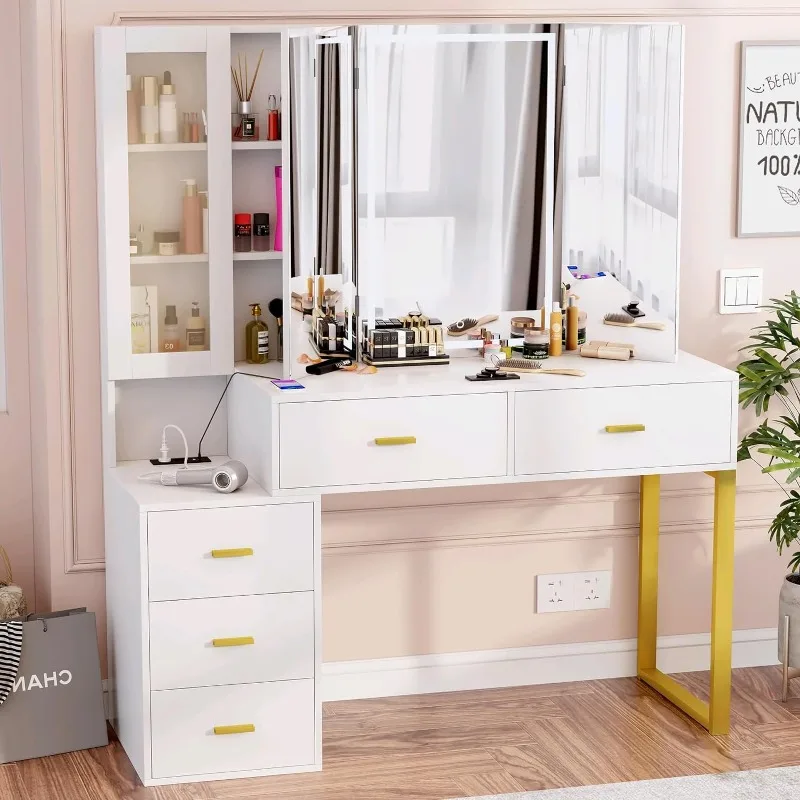 Vanity Desk with Mirror and Lights, Makeup Vanity with Charging Station, 3 Lighting Colors, Makeup Desk Dressing Table
Vanity Desk with Mirror and Lights, Makeup Vanity with Charging Station, 3 Lighting Colors, Makeup Desk Dressing Table