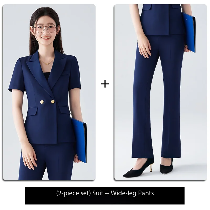 High-End Navy Blue Short-Sleeved Blazer And Flared Pants Set Summer Business Attire for Teachers Lawyers And Professional Women
High-End Navy Blue Short-Sleeved Blazer And Flared Pants Set Summer Business Attire for Teachers Lawyers And Professional Women