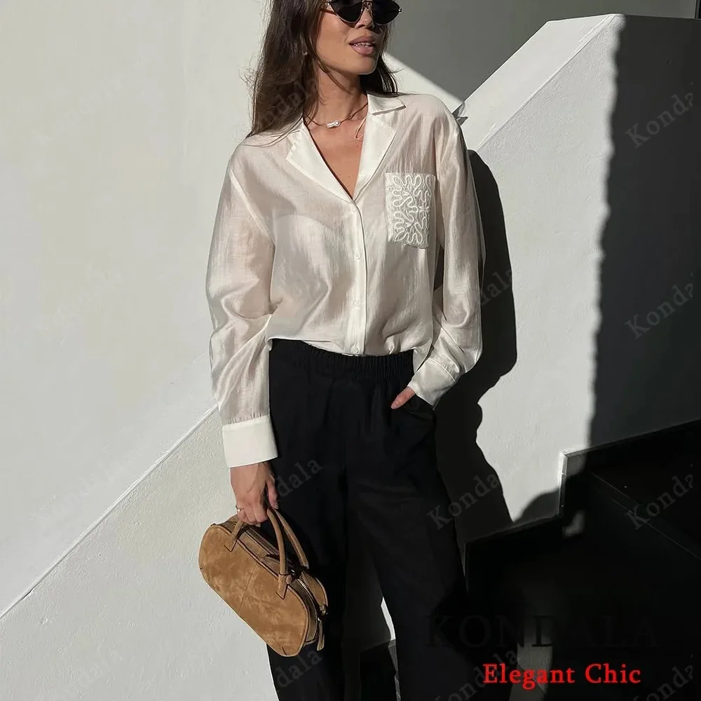 KONDALA женская повседневная базовая рубашка, однотонная рубашка с вышивкой и лацканами, новинка 2025, весенне-осенняя модная праздничная офисная женская рубашка для ужина 
KONDALA женская повседневная базовая рубашка, однотонная рубашка с вышивкой и лацканами, новинка 2025, весенне-осенняя модная праздничная офисная женская рубашка для ужина