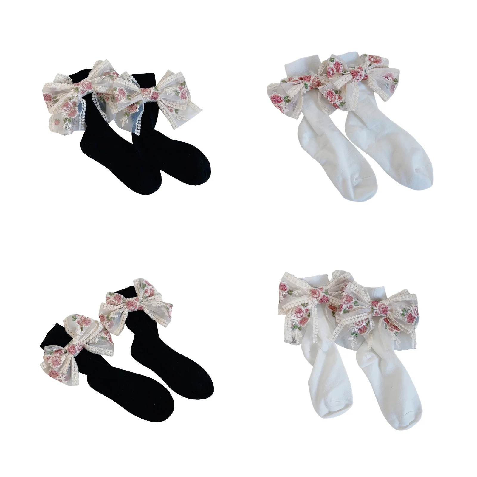 Black and white two-color lace bow socks set (one pair each with large and small bows)
Black and white two-color lace bow socks set (one pair each with large and small bows)