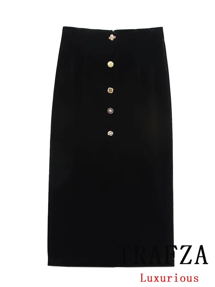 TRAFZA Vintage Casual Chic Velvet Women Skirt Black Solid Zipper Button Long Straight Skirt Fashion 2025 Spring Female Skirt
TRAFZA Vintage Casual Chic Velvet Women Skirt Black Solid Zipper Button Long Straight Skirt Fashion 2025 Spring Female Skirt