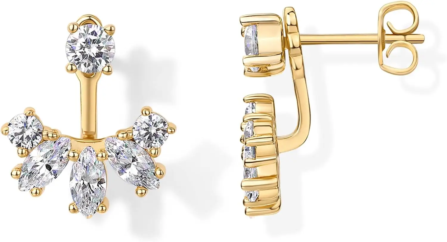Gold Plated CZ Earrings for Women - Dainty Double Studs with Silver Posts - Elegant Front and Back Design
Gold Plated CZ Earrings for Women - Dainty Double Studs with Silver Posts - Elegant Front and Back Design
