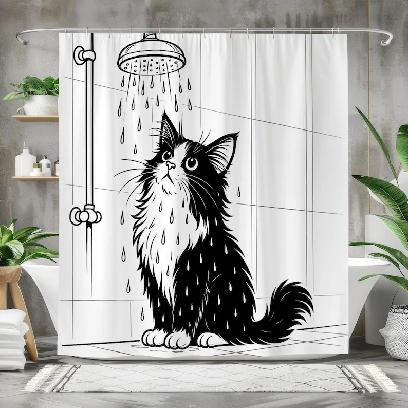 Funny Wet Cat Shower Curtain in Monochrome Line Art, Kitty Bathroom Decor, Cute Cat Lover Gift, Whimsical Pet Humor Wall Art
Funny Wet Cat Shower Curtain in Monochrome Line Art, Kitty Bathroom Decor, Cute Cat Lover Gift, Whimsical Pet Humor Wall Art