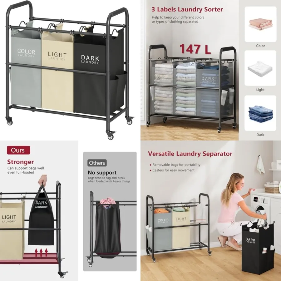 Laundry Sorter Cart, Laundry Hamper Sorter Basket with Heavy Duty Lockable Rolling Wheels for Clothes Storage, 3 Colors
Laundry Sorter Cart, Laundry Hamper Sorter Basket with Heavy Duty Lockable Rolling Wheels for Clothes Storage, 3 Colors