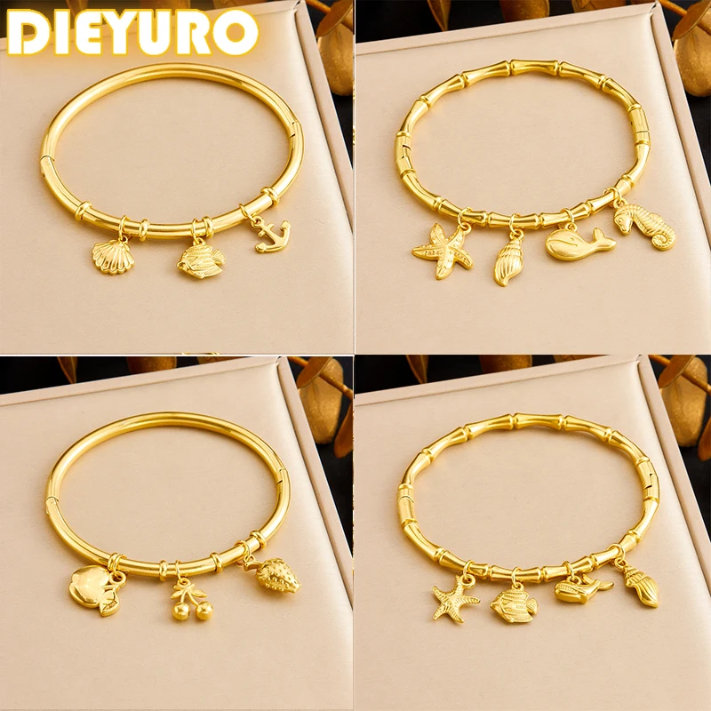 DIEYURO 316L Stainless Steel Dolphin Shell Conch Pendant Bamboo Bangle For Women Classic Wrist Chain Waterproof Jewelry Gift
DIEYURO 316L Stainless Steel Dolphin Shell Conch Pendant Bamboo Bangle For Women Classic Wrist Chain Waterproof Jewelry Gift