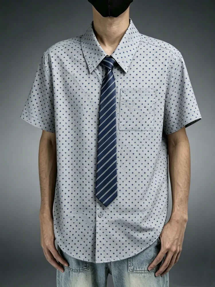 Mens Short Sleeve Shirt With Tie Chest Pocket Turn Down Collar Light Blue Dotted Print Striped Tie Business Casual Shirt
Mens Short Sleeve Shirt With Tie Chest Pocket Turn Down Collar Light Blue Dotted Print Striped Tie Business Casual Shirt