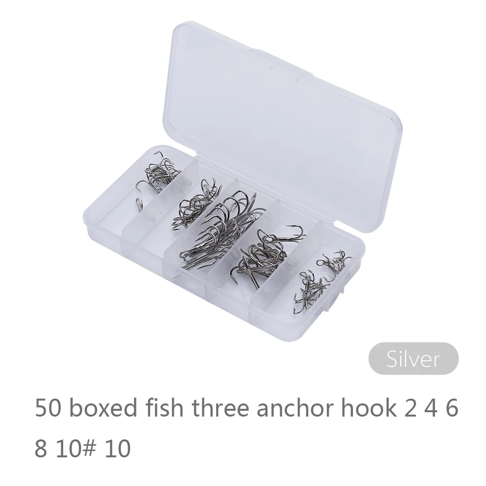 50pcs/Box Silver Fishing Hook Sharpened Treble Hook Tackle High Carbon Steel 5 Sizes 2# 4# 6# 8# 10# Fishhook with Free Hook
50pcs/Box Silver Fishing Hook Sharpened Treble Hook Tackle High Carbon Steel 5 Sizes 2# 4# 6# 8# 10# Fishhook with Free Hook