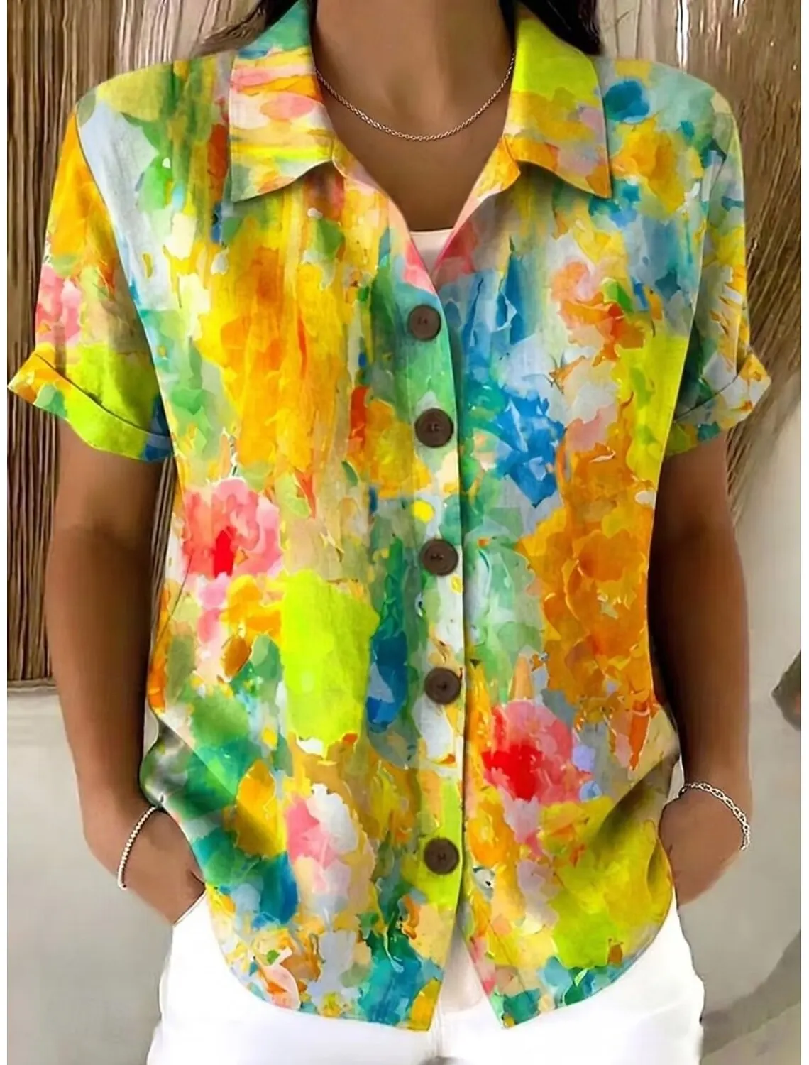 Women's Vibrant Watercolor Floral Print Button Down Shirt, Casual Collared Tops for Spring Summer Daily Vacation Wear
Women's Vibrant Watercolor Floral Print Button Down Shirt, Casual Collared Tops for Spring Summer Daily Vacation Wear