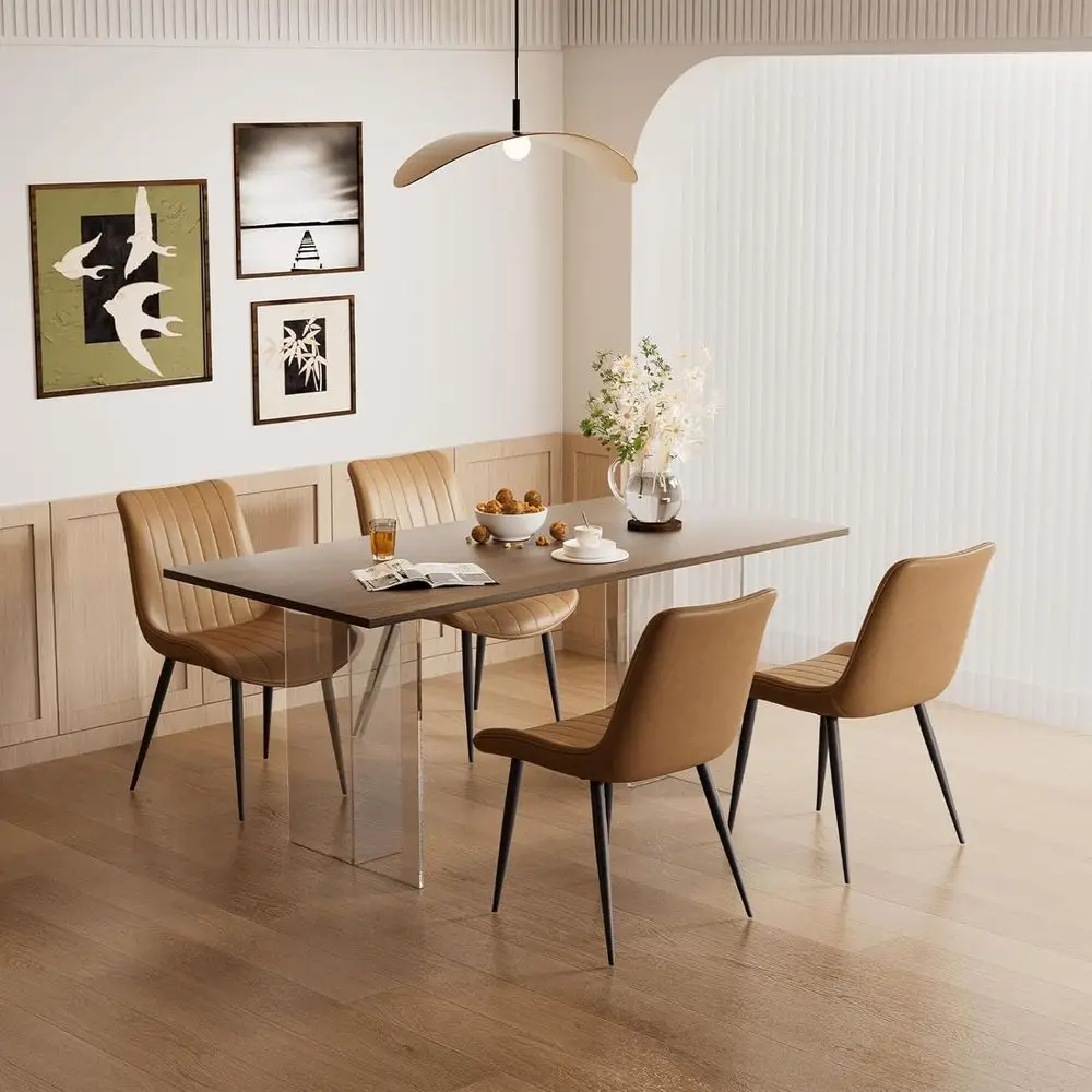 Upholstered Set of 4 Brown Leather Dining Chairs with Cushions and Black Metal Legs for Kitchen & Dining Room, Suitable for Livi
Upholstered Set of 4 Brown Leather Dining Chairs with Cushions and Black Metal Legs for Kitchen & Dining Room, Suitable for Livi