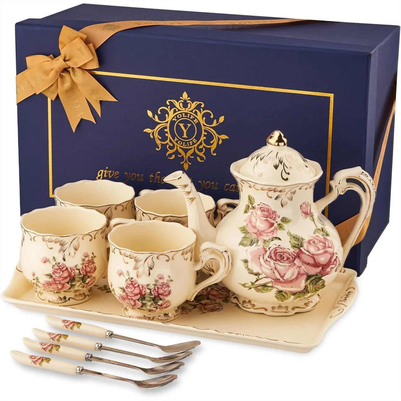Porcelain Tea Set Vintage Rose Service for 4 with Teapot Cups Tray Spoon for Tea Party Gift
Porcelain Tea Set Vintage Rose Service for 4 with Teapot Cups Tray Spoon for Tea Party Gift