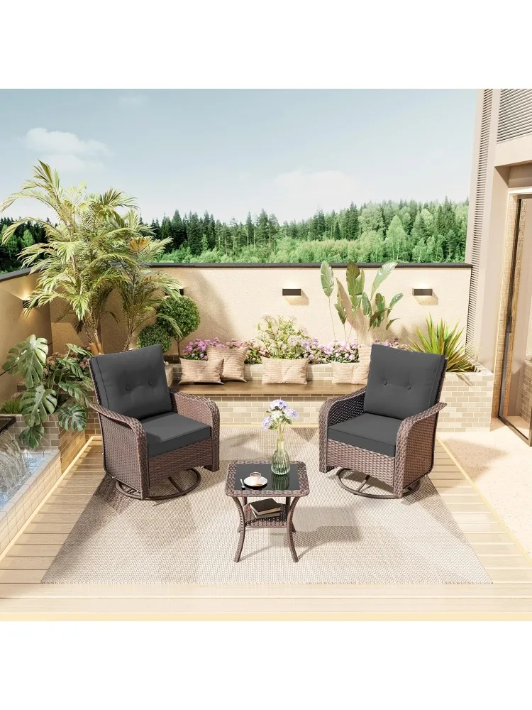 3 Piece Wicker Swivel Rocking Chair Set, Outdoor Patio Glider Chair with Glass Top Coffee Table, Conversation Furniture Set Suit
3 Piece Wicker Swivel Rocking Chair Set, Outdoor Patio Glider Chair with Glass Top Coffee Table, Conversation Furniture Set Suit