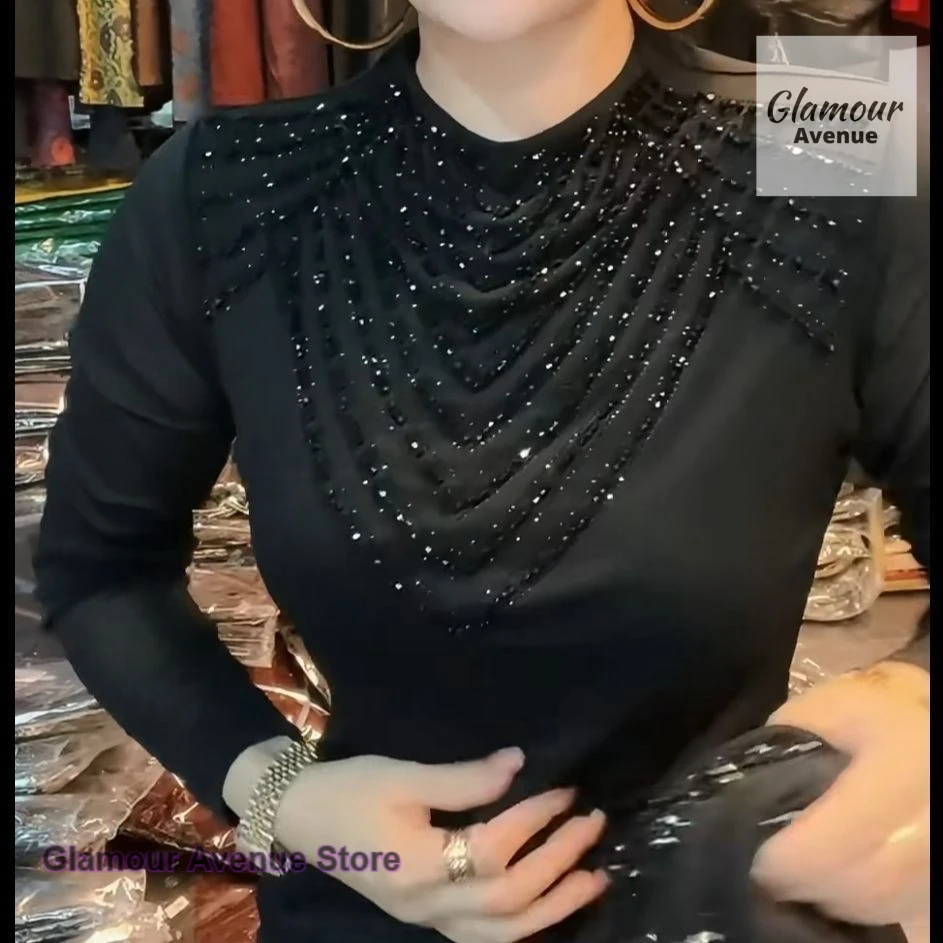 French style fashion rhinestones semi-high-necked long-sleeved T-shirt women's spring and autumn lace mesh slim casual Joker top
French style fashion rhinestones semi-high-necked long-sleeved T-shirt women's spring and autumn lace mesh slim casual Joker top