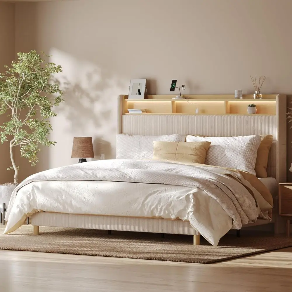 51 King Size LED Bed with Charging Station, Storage, and Elegant Upholstered Platform Design in Beige
51 King Size LED Bed with Charging Station, Storage, and Elegant Upholstered Platform Design in Beige