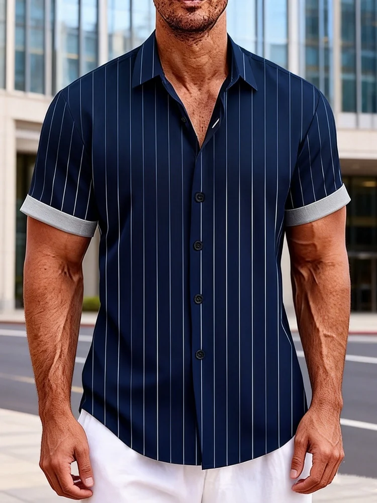 Plus Size Men's Short Sleeve Lapel Shirt, Comfort Navy Vertical Striped Casual Top
Plus Size Men's Short Sleeve Lapel Shirt, Comfort Navy Vertical Striped Casual Top