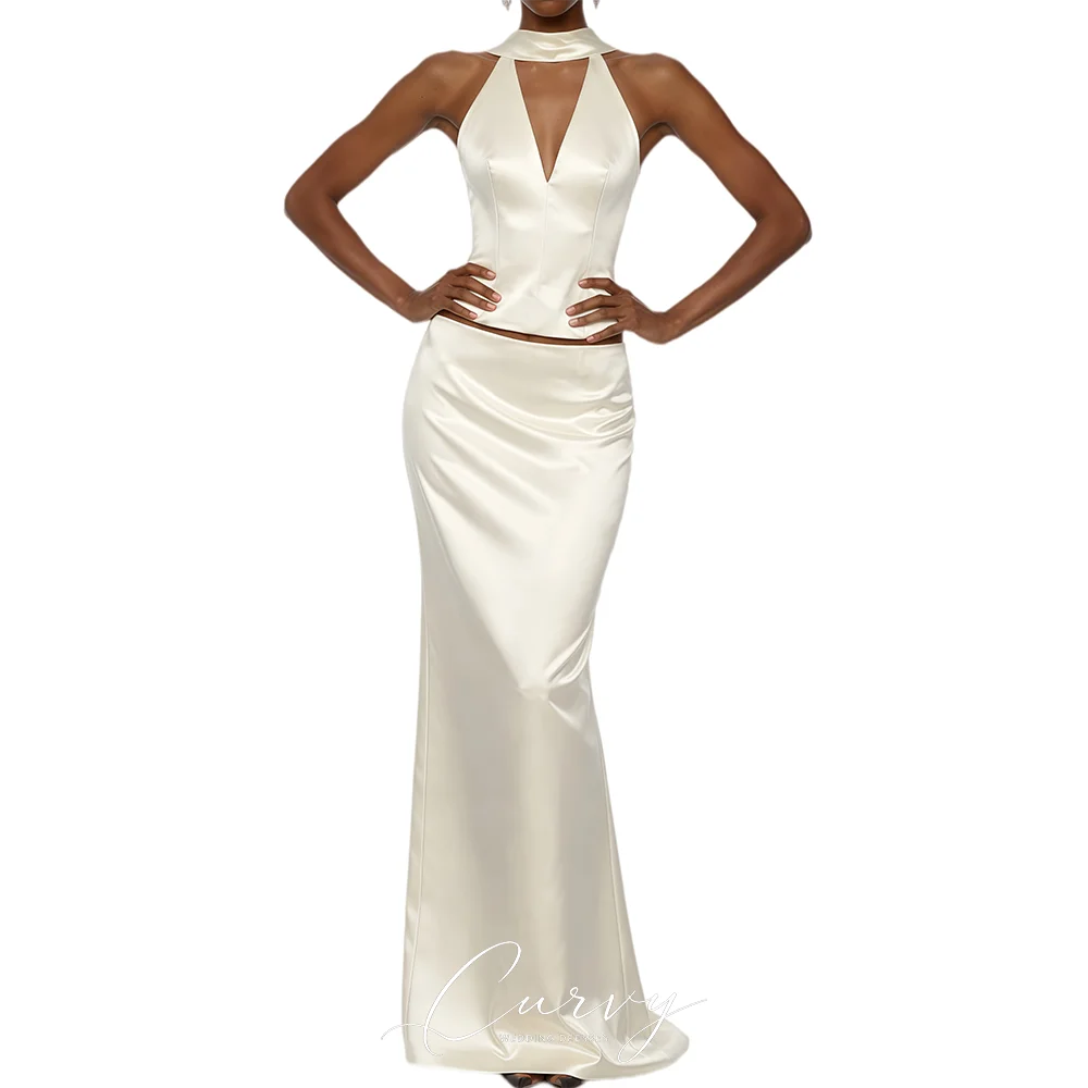 Curvy Minima Satin Two Piece Wedding Dresses Customized for Women Halter V-Neck Open Back Bow Detail Back High Slit 2026
Curvy Minima Satin Two Piece Wedding Dresses Customized for Women Halter V-Neck Open Back Bow Detail Back High Slit 2026