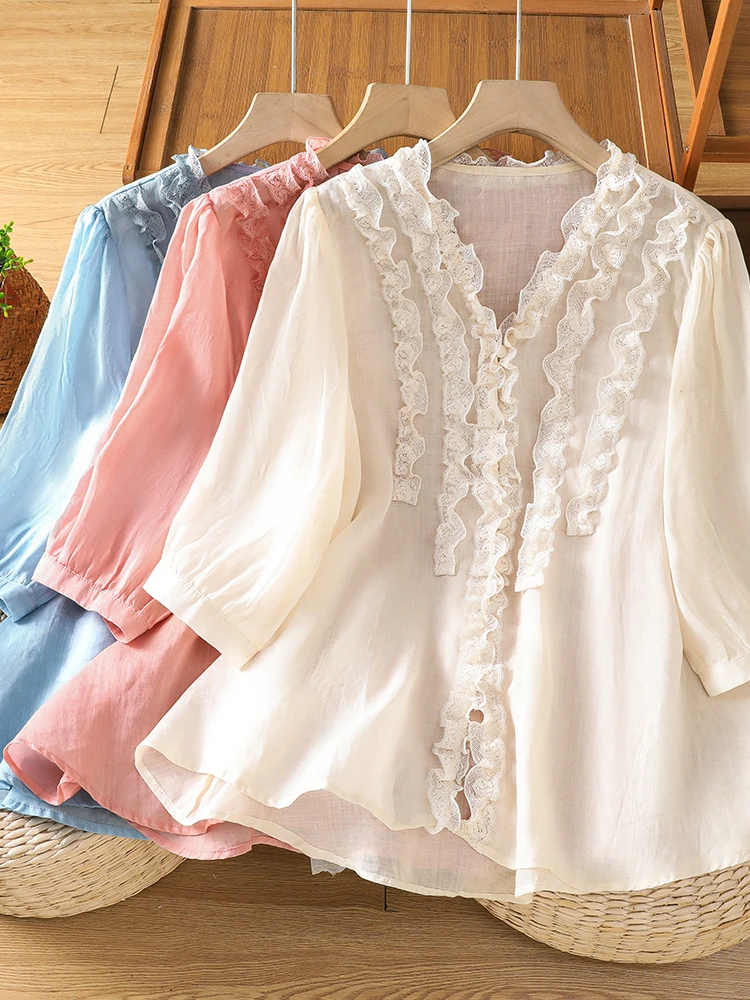 Artistic Lace Trim Short Sleeve Loose Women's Shirt Slimming Versatile Seven-Quarter Sleeve V-Neck Top for Daily Wear
Artistic Lace Trim Short Sleeve Loose Women's Shirt Slimming Versatile Seven-Quarter Sleeve V-Neck Top for Daily Wear