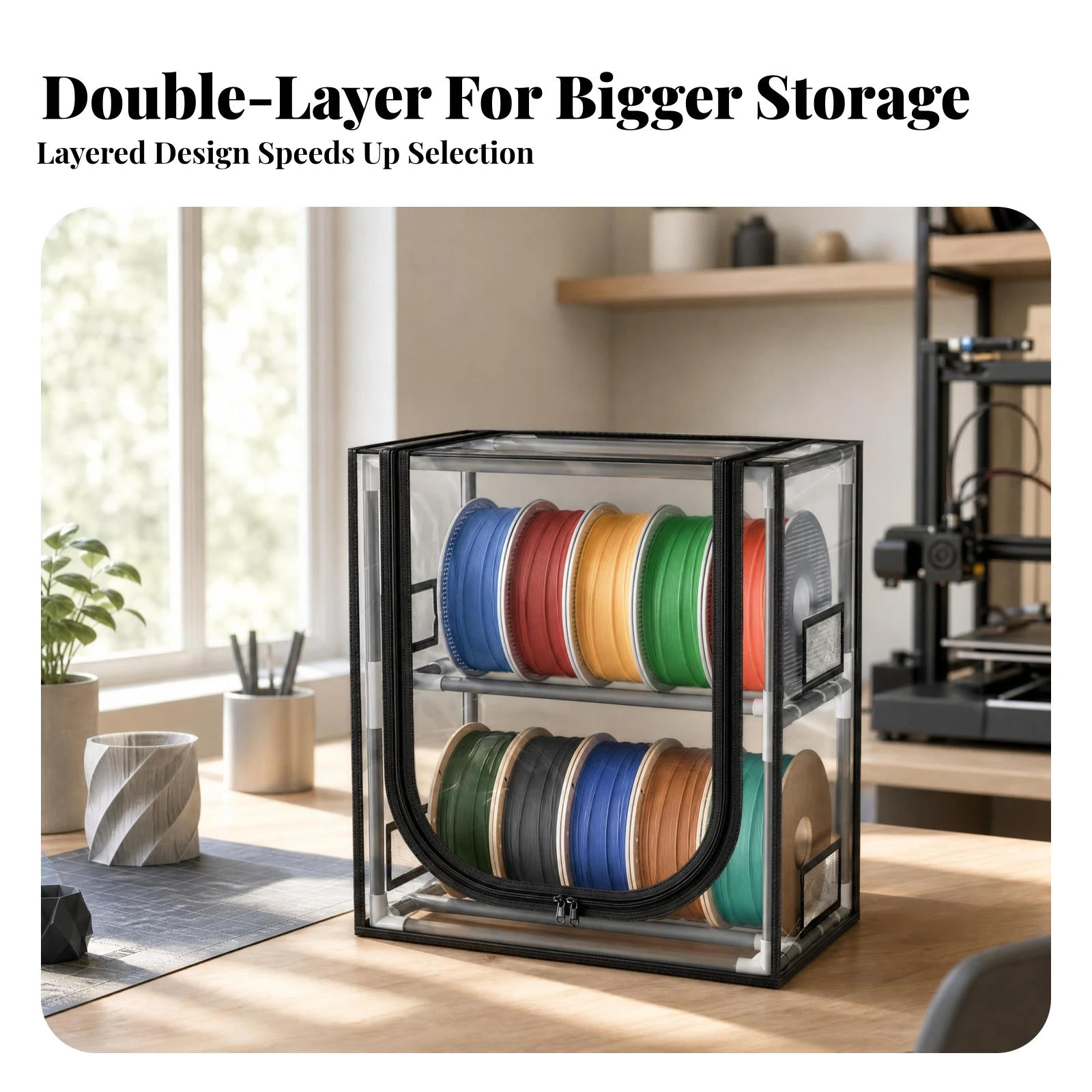 Double-Layer Filament Cabinet Two-Level Zipper Filament Storage Box 3D Printing Storage Container Metal Frame Clear Cover