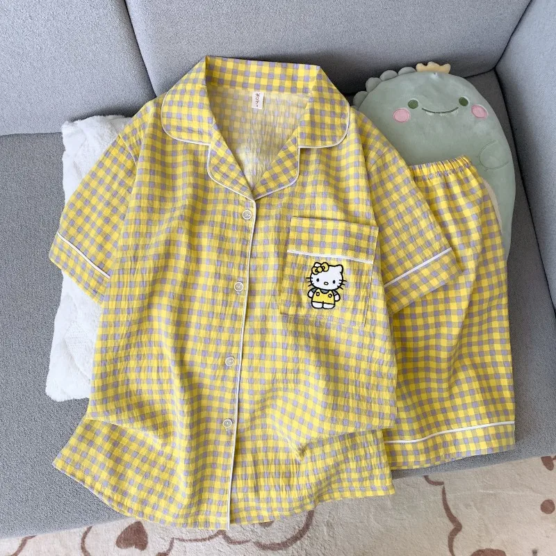 Hello Kitty Yellow Checkered Women's Sleepwear Set Summer Comfortable Loose Cotton Sleepwear Set Y2K Breathable Cool Shorts Set
Hello Kitty Yellow Checkered Women's Sleepwear Set Summer Comfortable Loose Cotton Sleepwear Set Y2K Breathable Cool Shorts Set