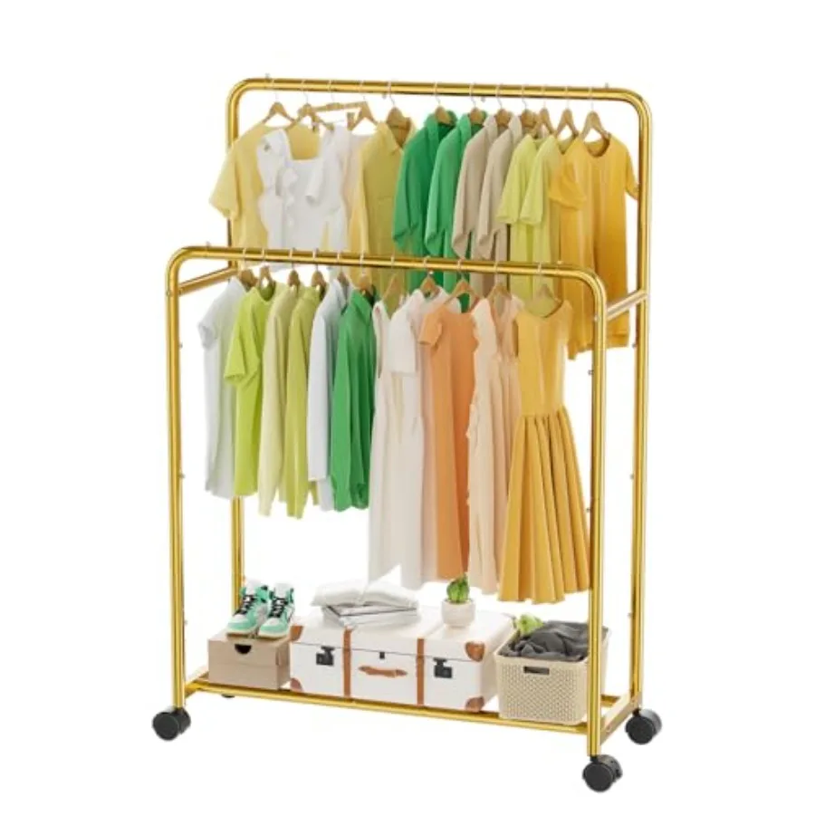 Clothing Clothes Rack Double Rods with Wheels Rolling Metal Garment Rack for Hanging Gold
Clothing Clothes Rack Double Rods with Wheels Rolling Metal Garment Rack for Hanging Gold