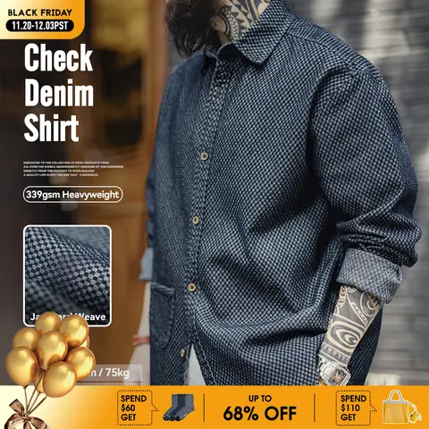 Maden Camisa vaquera de manga larga a cuadros retro Chaqueta de un solo pecho con solapa holgada para hombres Ropa de abrigo versátil para primavera y otoño