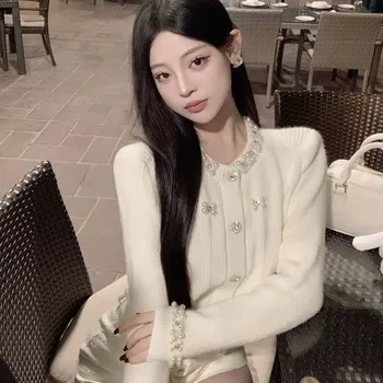 Korejepo 한국 인스타그램 분위기 있는 작은 향기 바람 비즈 스웨터, 여성 가디건, 짧은 슬림 상의, 2024 가을 신상
