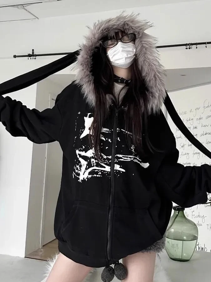 American Style Casual Graffiti Print Rabbit Ear Fur Collar Hoodie Women's Loose Outerwear Cotton Long Sleeve Zipper Closure
American Style Casual Graffiti Print Rabbit Ear Fur Collar Hoodie Women's Loose Outerwear Cotton Long Sleeve Zipper Closure