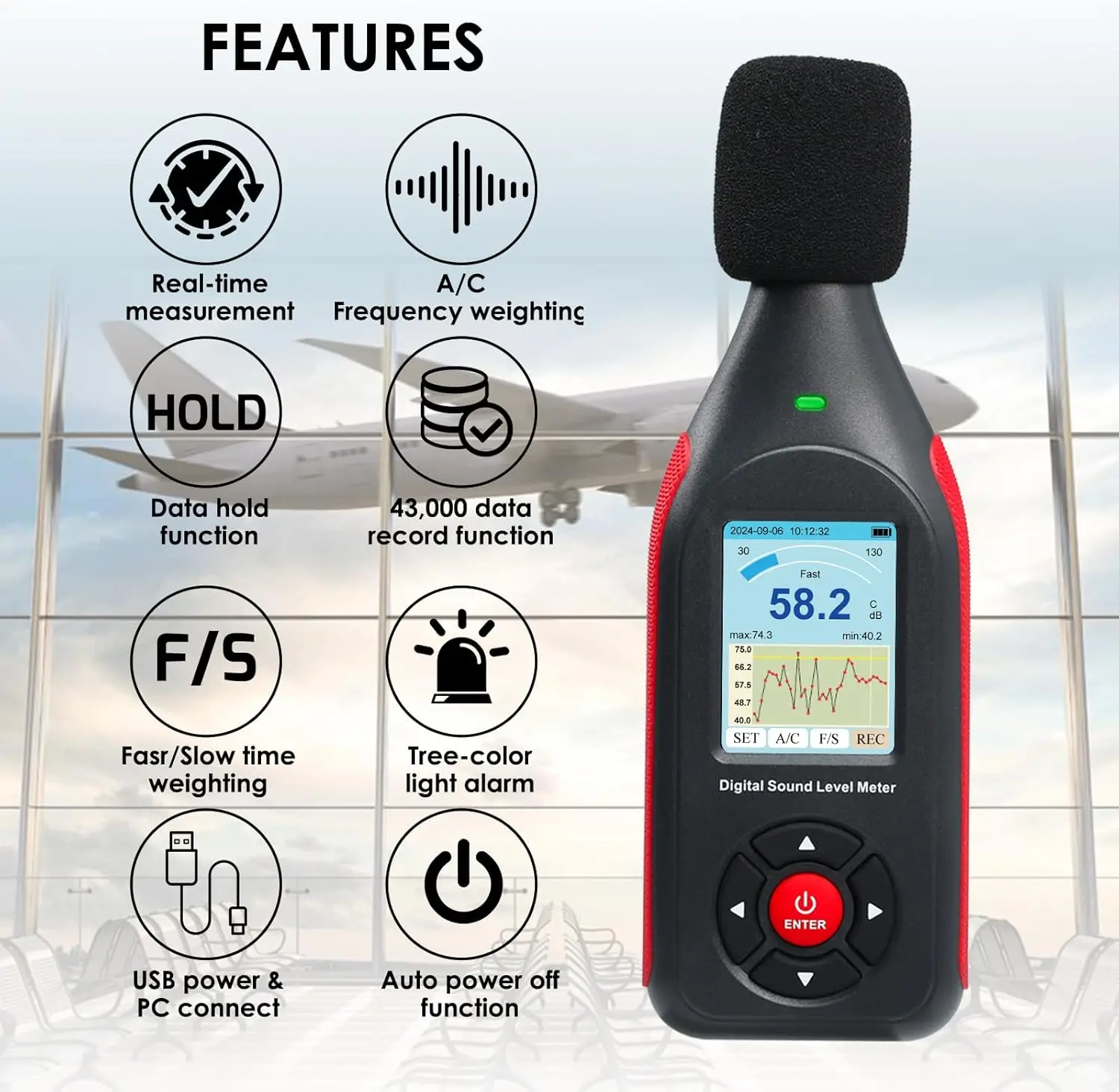 Decibel Meter Sound Level Tester Datalogger with Visual Alarm,43,000 Data Set SPL Monitor Noise Reader Coloured Screen Display
Decibel Meter Sound Level Tester Datalogger with Visual Alarm,43,000 Data Set SPL Monitor Noise Reader Coloured Screen Display
