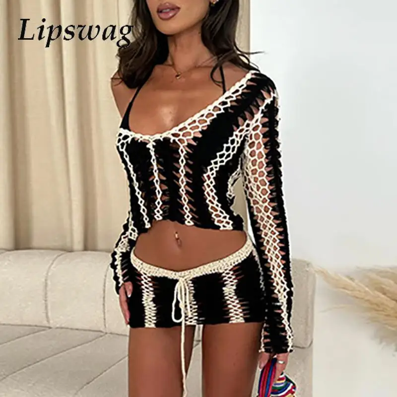 Sexy V-neck Pullover & Mini Skirt Outfits Women Casual Long Sleeve Knitted 2Pc Suit Elegant Crochet Hottie Striped Nightclub Set
Sexy V-neck Pullover & Mini Skirt Outfits Women Casual Long Sleeve Knitted 2Pc Suit Elegant Crochet Hottie Striped Nightclub Set