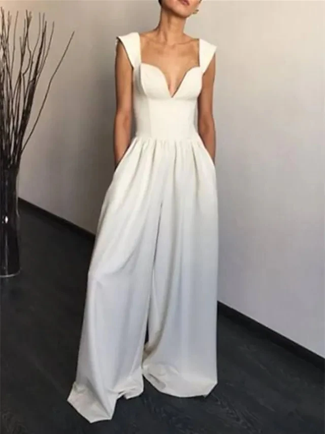 A-Line Long Jumpsuits Wedding Dresses With Pockets V Neck Floor Length Satin Sleeveless Country Simple Bridal Gowns with Pleats
A-Line Long Jumpsuits Wedding Dresses With Pockets V Neck Floor Length Satin Sleeveless Country Simple Bridal Gowns with Pleats
