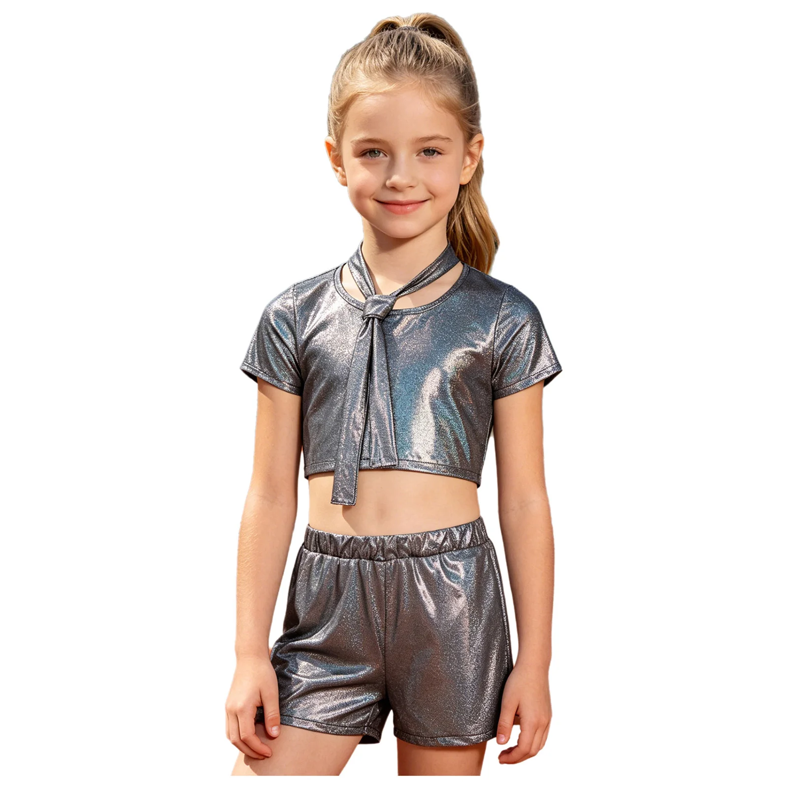 Kids Girls Jazz Contemporary Dance Costume Short-sleeve Metallic Necktie T-shirt with Shorts for Latin School Stage Performance
Kids Girls Jazz Contemporary Dance Costume Short-sleeve Metallic Necktie T-shirt with Shorts for Latin School Stage Performance
