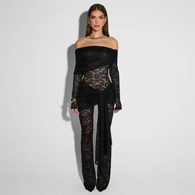 Sexy Lace Jumpsuit Long Sve oulder Bared Tight Fit Gored High Waist Leather Fabric Women's Suit Faionable Trend
Sexy Lace Jumpsuit Long Sve oulder Bared Tight Fit Gored High Waist Leather Fabric Women's Suit Faionable Trend