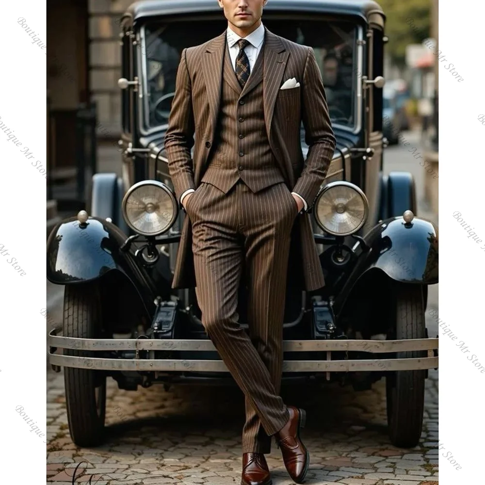 High Quality Brown Stripes Men Suit Single-breasted Peak Lapel 3 Pieces(Jacket+Pants+Vest) Male Formal Wedding Party Set
High Quality Brown Stripes Men Suit Single-breasted Peak Lapel 3 Pieces(Jacket+Pants+Vest) Male Formal Wedding Party Set