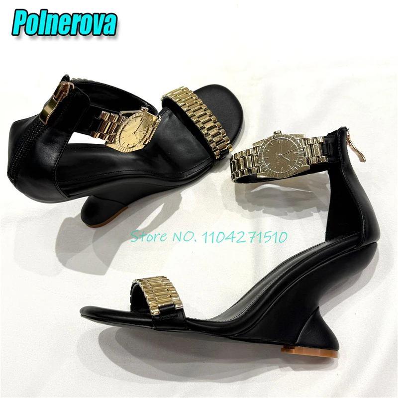 Elegant Metal Watch Embellished Strange Heel Sandals Women Fashion Designer Round Toe Back Zipper High Heels Party Runway Shoes
Elegant Metal Watch Embellished Strange Heel Sandals Women Fashion Designer Round Toe Back Zipper High Heels Party Runway Shoes