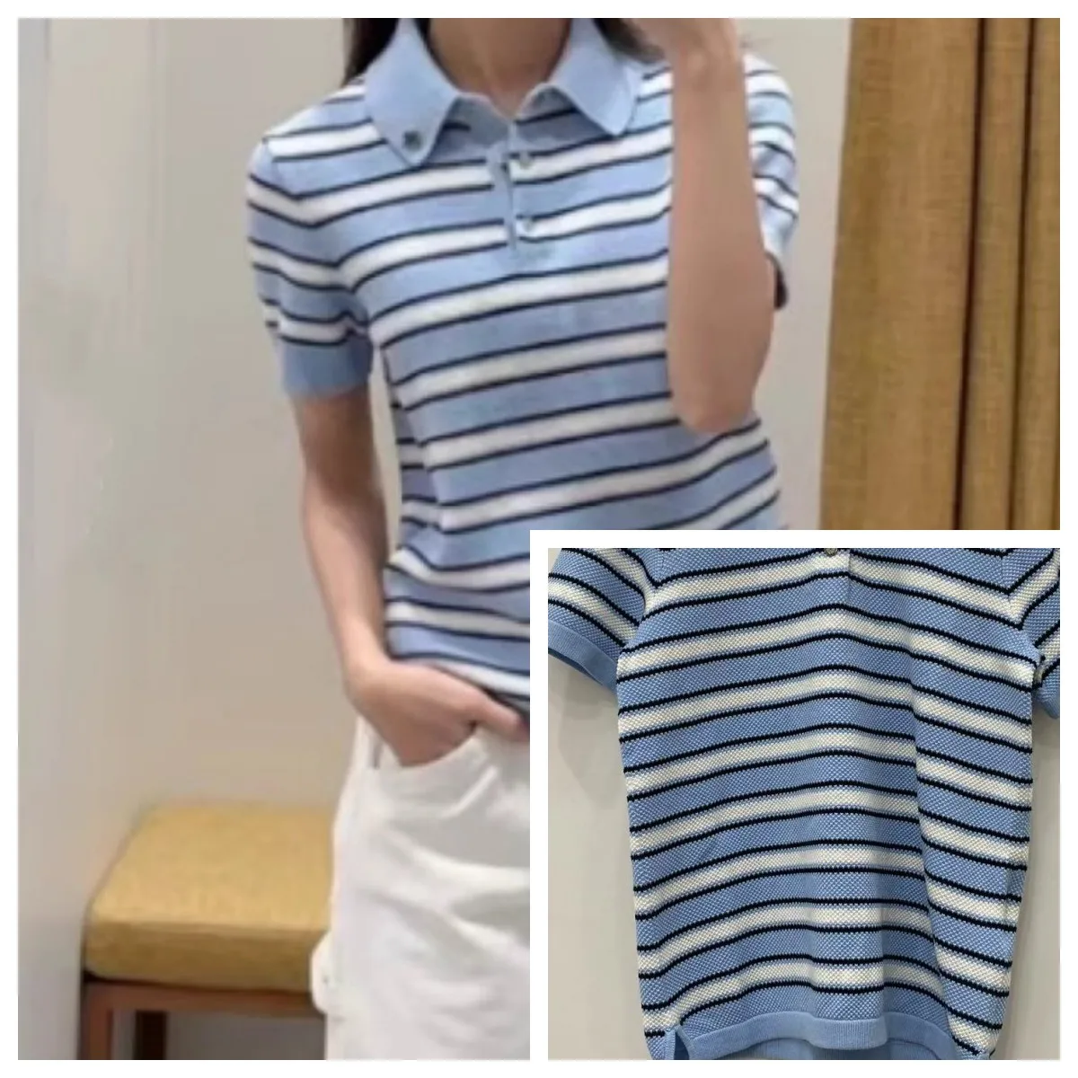 Blue Striped Women's Buttons Knitwear Top Slim Turn-Down Collar Metal Logo Short Sleeve Ladies Knit T-Shirt Summer
Blue Striped Women's Buttons Knitwear Top Slim Turn-Down Collar Metal Logo Short Sleeve Ladies Knit T-Shirt Summer