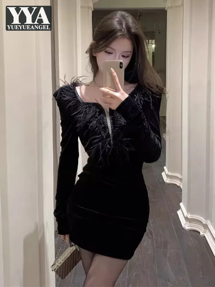 Women Sexy Long Sleeve Black Short Dress Feather Evening Dress Slim Fit Square Collar Wrap Velvet Dress Fashion Party Dresses
Women Sexy Long Sleeve Black Short Dress Feather Evening Dress Slim Fit Square Collar Wrap Velvet Dress Fashion Party Dresses