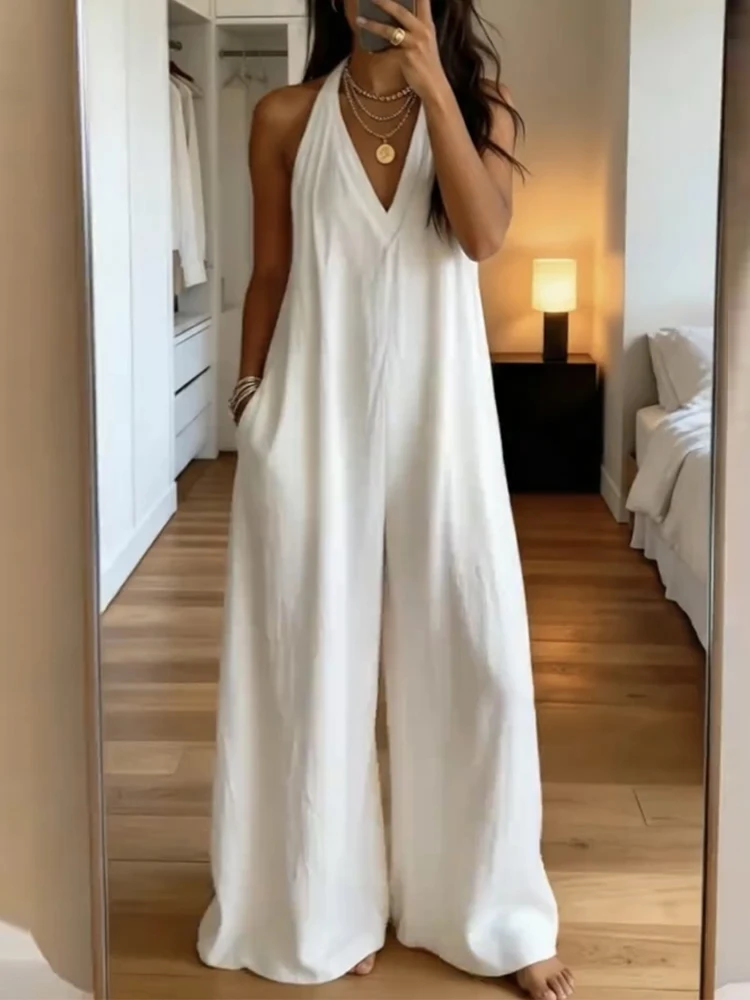 Women Elegant Hight Waist Pockets Long Rompers Casual Loose Solid Wide Leg Pant Playsuit Sexy Halter Sleeveless Simple Jumpsuit
Women Elegant Hight Waist Pockets Long Rompers Casual Loose Solid Wide Leg Pant Playsuit Sexy Halter Sleeveless Simple Jumpsuit