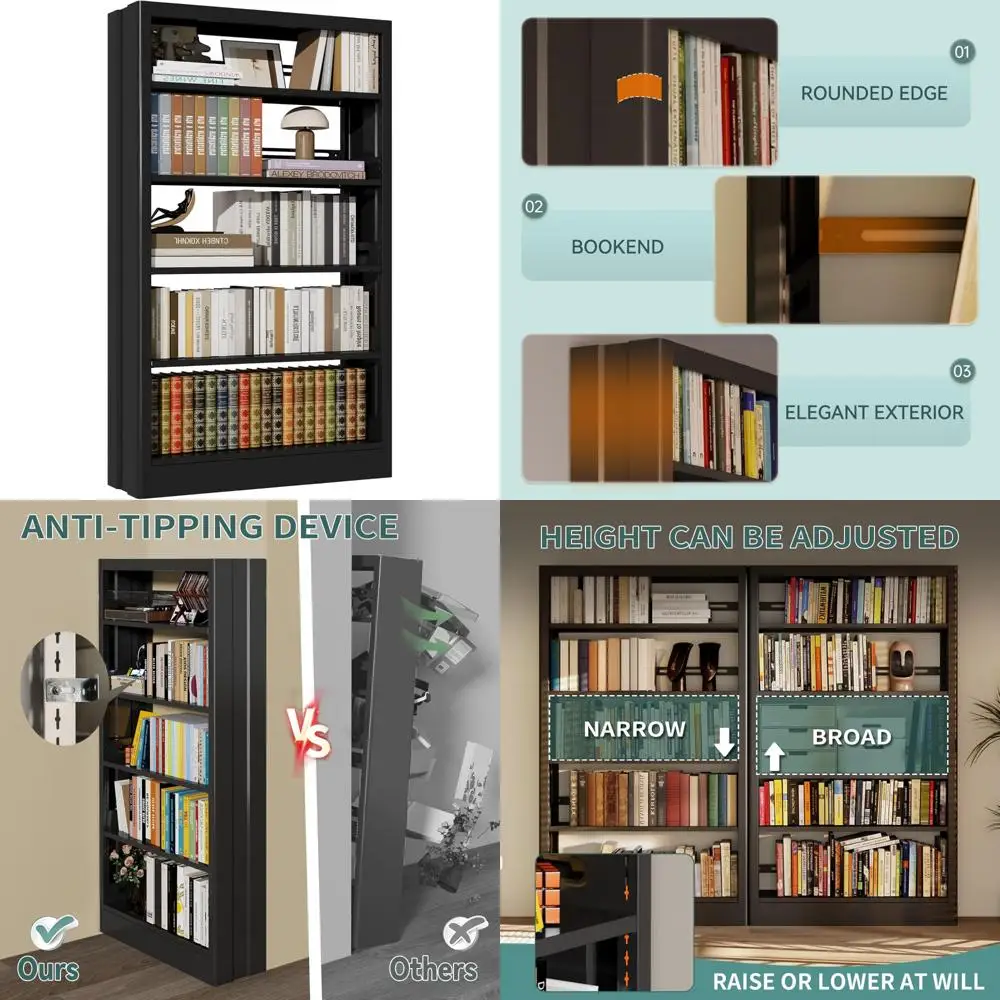 5-уровневая регулируемая сверхпрочная металлическая книжная полка, современные черные книжные шкафы для дома или библиотеки, компактное решение для хранения
5-уровневая регулируемая сверхпрочная металлическая книжная полка, современные черные книжные шкафы для дома или библиотеки, компактное решение для хранения