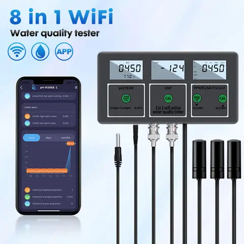 Tuya Wifi 8 in 1 Digital Water Analyzer PH EC TDS Salt ORP CF S.G Temperature APP Remote Online Water Quality Monitor